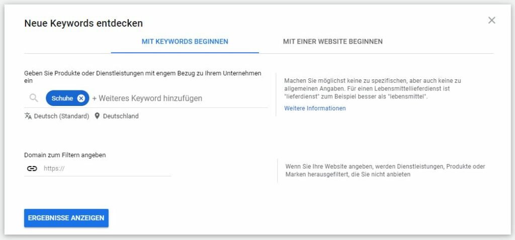 Mit Keywords beginnen